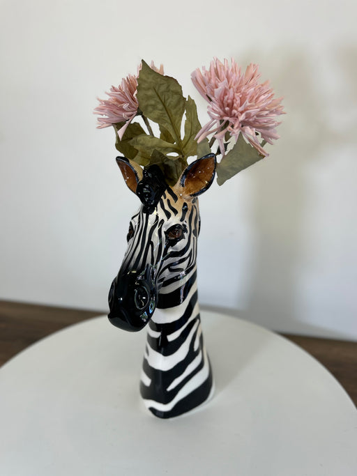 Zebra Head Flower Vase, Ceramic, Hand Painted, Black, White 
