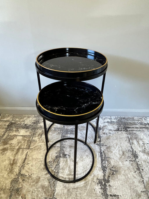 Nesting Side Tables, Black Metal Frame, Round, Gold Marble Effect, Set of 2