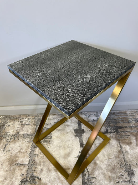 Z Shaped Side Table, Grey Metal Frame, Gold Shagreen Finish, 62 x 37 cm