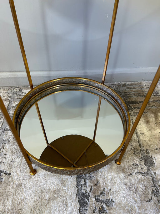 2 Tier Side Table, Gold Metal Frame, Round Mirror Top, 63 x 48 cm