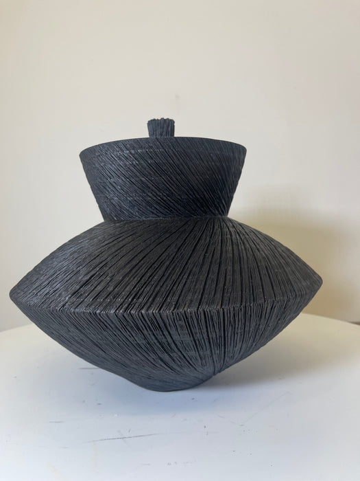 Black Jar, Textured, Lidded,  27 X 30 cm