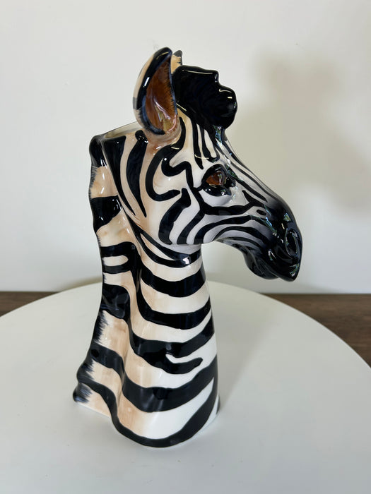 Zebra Head Flower Vase, Ceramic, Hand Painted, Black, White