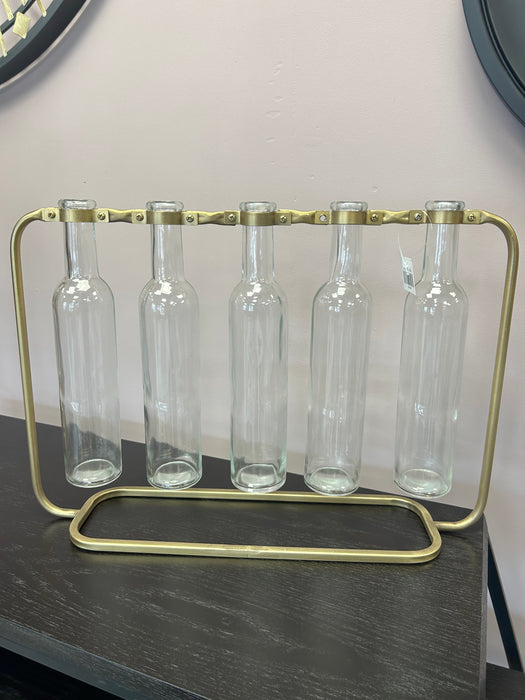 Bottle Bud Vase, Gold Metal Frame, Clear Glass