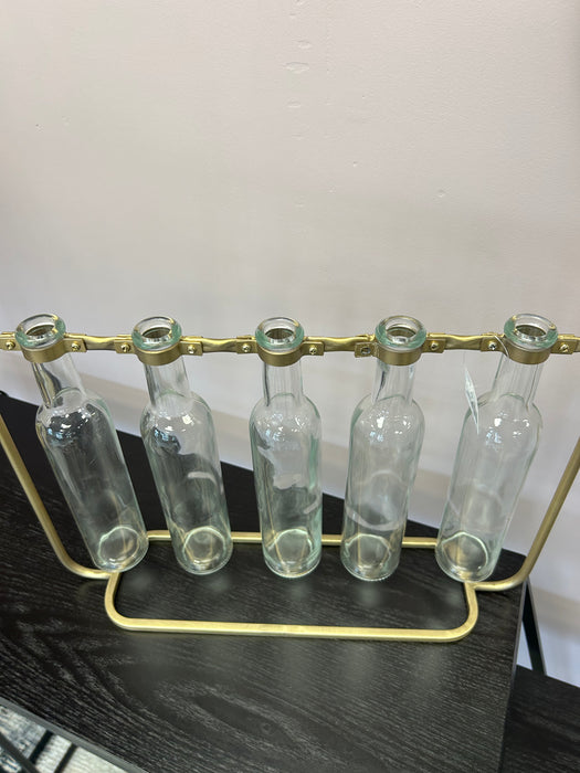 Bottle Bud Vase, Gold Metal Frame, Clear Glass