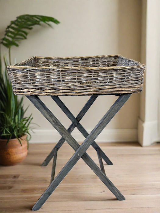 Natural Side Tray Table, Fold Up Frame, Willow Serving, Metal Frame