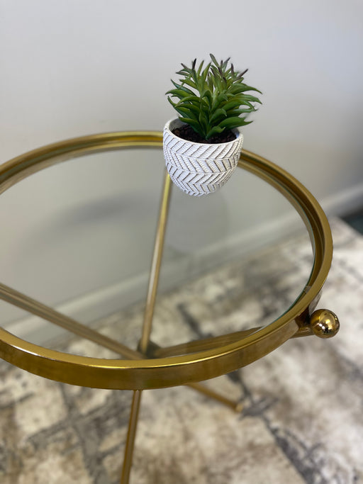 Side Table, Gold Round Tripod, Metal Frame, Glass Top, 55 x 43 cm