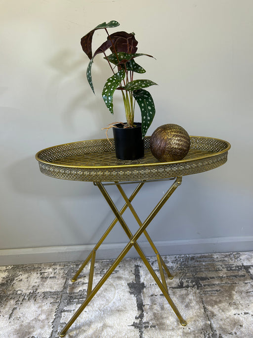 Oval Side Table, Gold Ornate, Metal Frame, Oval Top, 68 x 64 cm