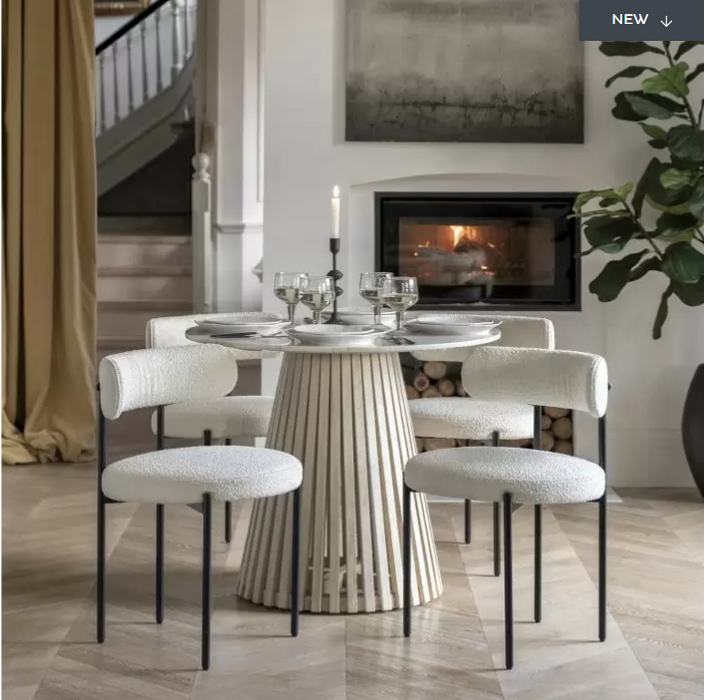 Cesena Round Dining Table, White Marble, Natural Slatted Mango Wood