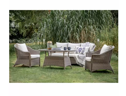 Langham Garden Furniture Country Dining Set, Natural Rattan, Natural Cusions, 5 Seater