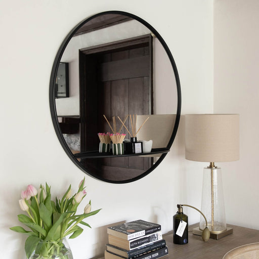 Empire Shelf Wall Mirror, Black Iron, Round 