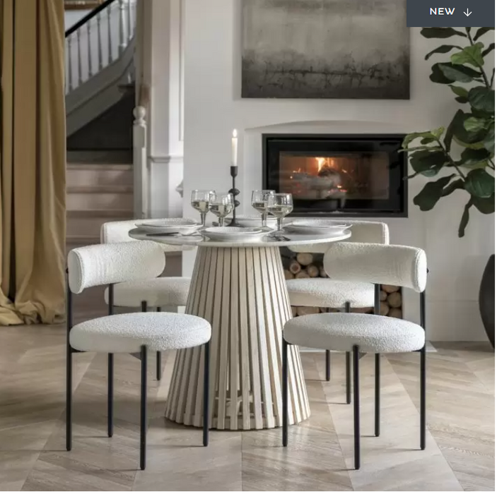 Linnea Round Dining Table, Slatted Mango Wood & White Marble Tabletop