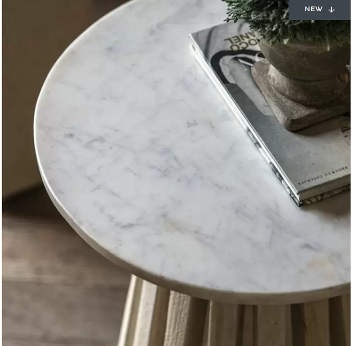Linnea Side Table, Slatted Wood, White Marble Tabletop