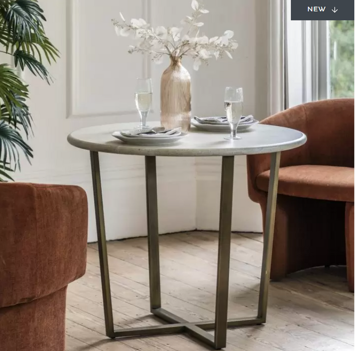 Montpellier Round Dining Table, White Faux Marble, Brushed Brass