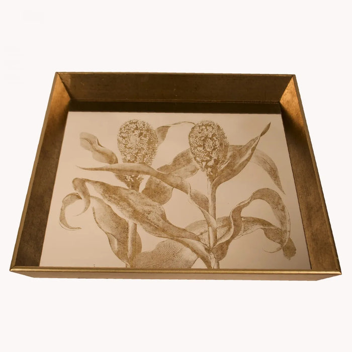 Kent Mirrored Square Tray, Gold, Botanical, Glass