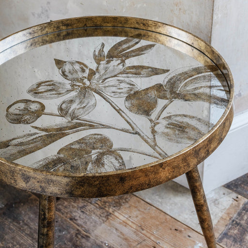 Kent Side Tables, Tray, Gold Metal, Round, Mirrored Floral 