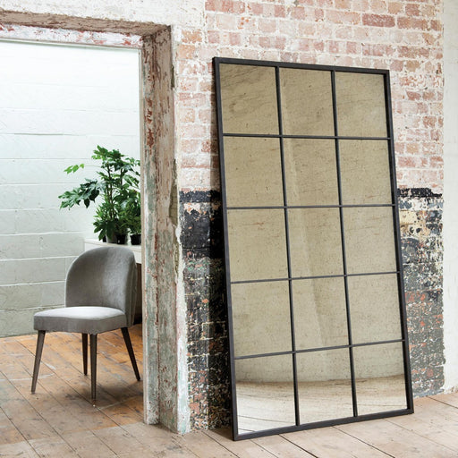 Langham Wall Mirror, Black Metal, Antiqued Glass, Window