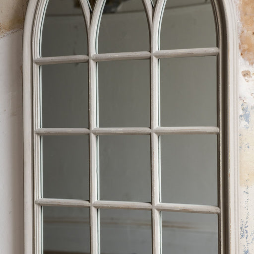 Langham Wall Mirror, Grey Paulownia Wood, Glass, Arched, Window 