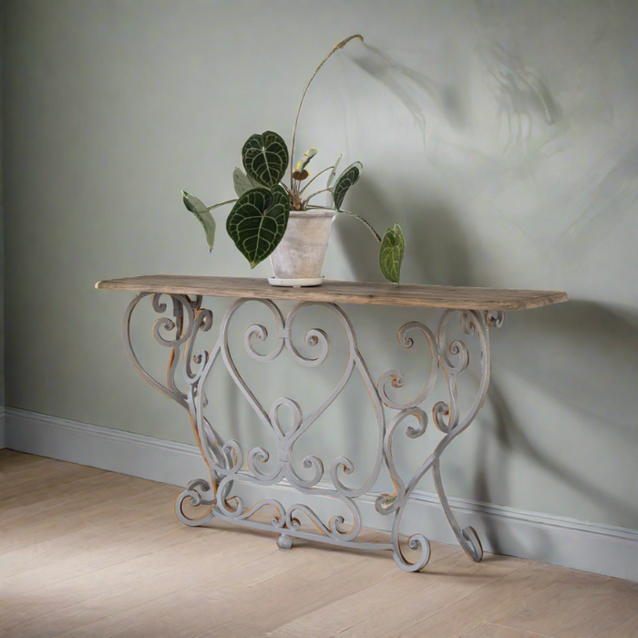 Hudson Console Table, White Iron, Natural, Reclaimed Pine, Railing