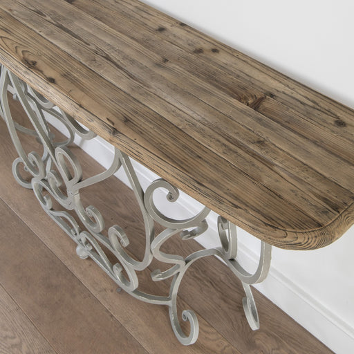 Hudson Console Table, White Iron, Natural, Reclaimed Pine, Railing 