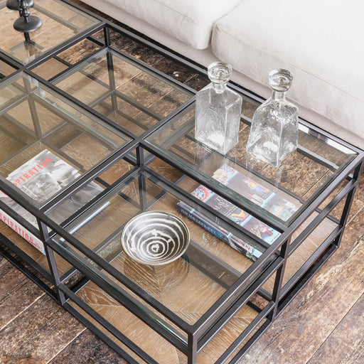 Hudson Small Coffee Table, Natural Oak, Black Iron, Glass Top