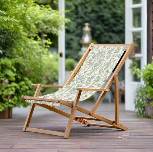 Renzo Outdoor Deck Chair, Verde Flora, Natural Wood Frame