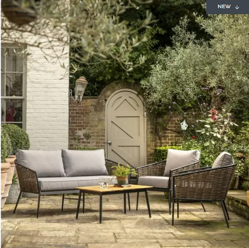 Verona garden Furniture Lounge Set, Brown Wicker, Grey Cushions 