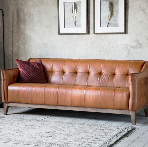 Verona 3 Seater Button Sofa, Mellow Brown Leather, Solid Ash Legs