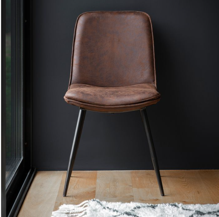 Trento Dining Chair In Brown Leather & Black Metal Legs - Set of 2