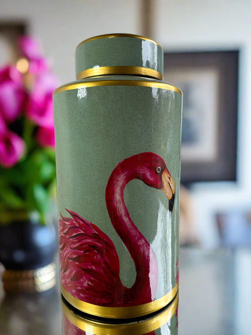 Green Pink Jar, Ceramic, Flamingo Design