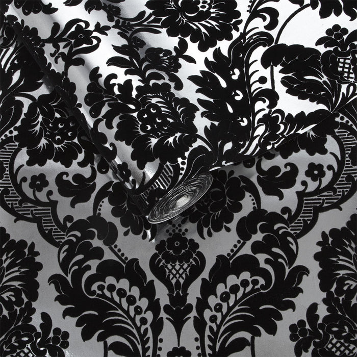 Graham & Brown Gothic Damask Flock Black & Silver Wallpaper