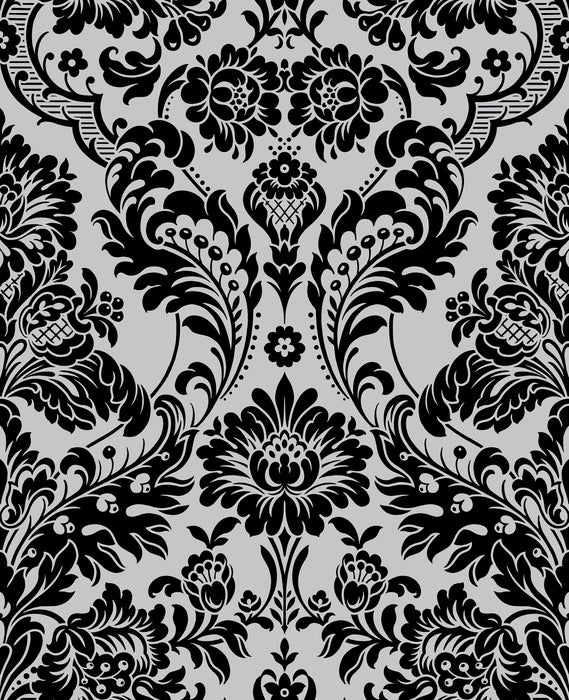 Graham & Brown Gothic Damask Flock Black & Silver Wallpaper