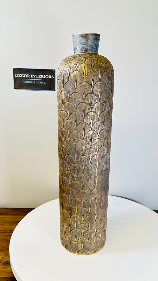 Decorative Tall Vase, Antique, Gold Metal, Textured 