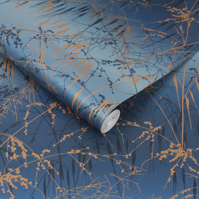 Meadow Grass French Navy & Copper Wallpaper - Clarissa Hulse
