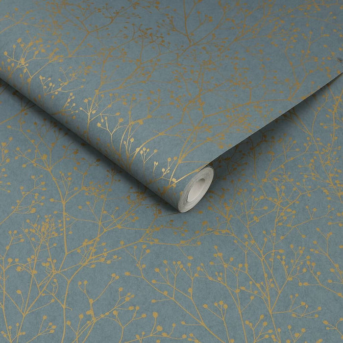Gypsophila Airforce Blue & Soft Gold Wallpaper - Clarissa Hulse