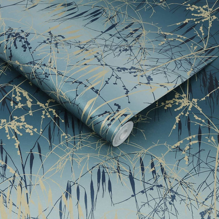 Meadow Grass Teal & Soft Gold Wallpaper - Clarissa Hulse