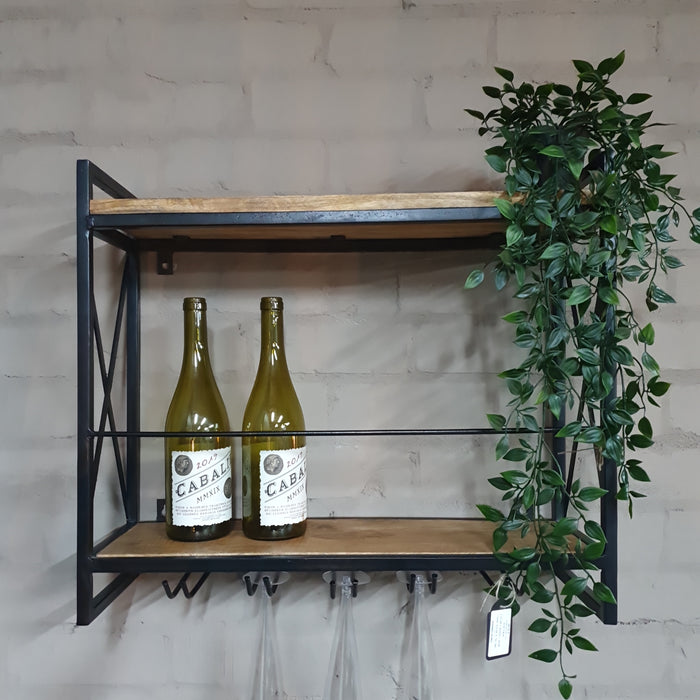 Wall Shelving Wine Rack,  Black Metal, Mango Wood Shelves
