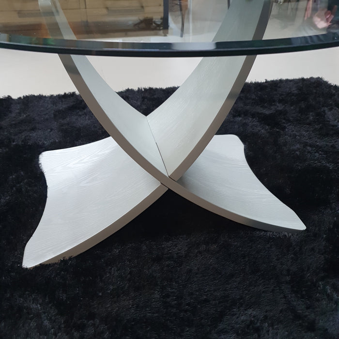 Brooklyn Coffee Table, Grey Veneered Legs, Curved, Round Clear Glass, EX DISPLAY