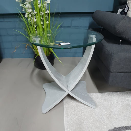 Brooklyn Side Table, Curve Design, Grey Veneer Legs, Round Clear Glass Top