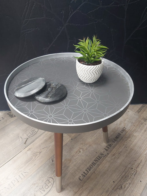 Tripod Wooden Side Table, Floral Design, Steel Grey, Round Tabletop 