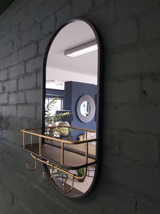 Portrait Metal Wall Mirror, Black Gold, Frame, Hooks, Shelf 