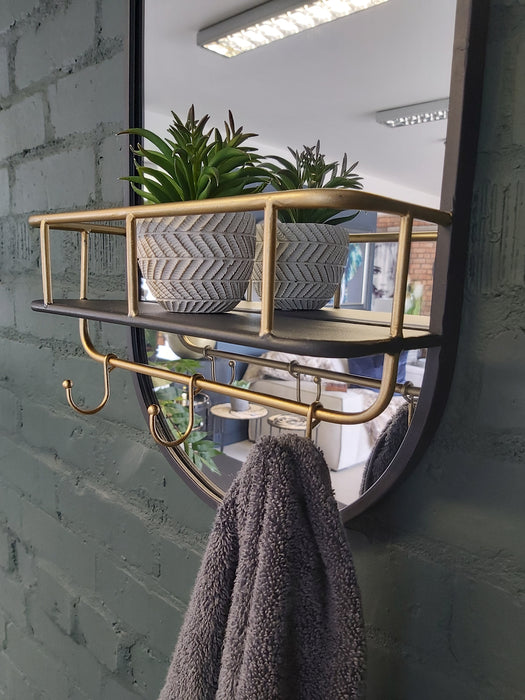 Black and Gold Portrait Oval Industrial Shelf Mirror with Hooks - Decor Interiors -  House & Home