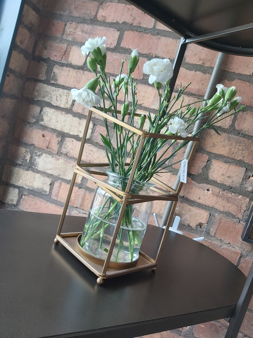 Geo Flower Bud Vase, Antique Gold Metal, Clear Glass