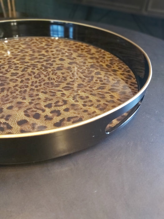 Black & Gold Decorative Tray, Round, Leopard Print Design