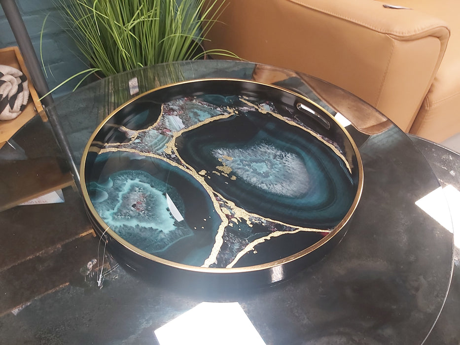 Black & Gold Decorative Trays, Round, Blue Marble Design