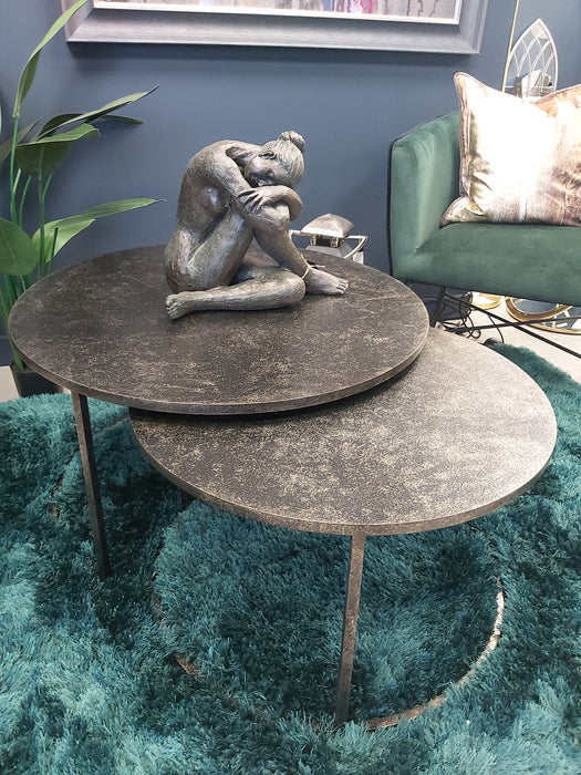 Industrial Nesting Coffee Tables, Distressed Black, Bronze, Metal Finished, Round
