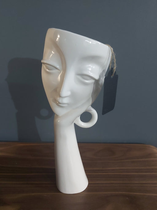 Decorative White Vase, Hand, Face Design