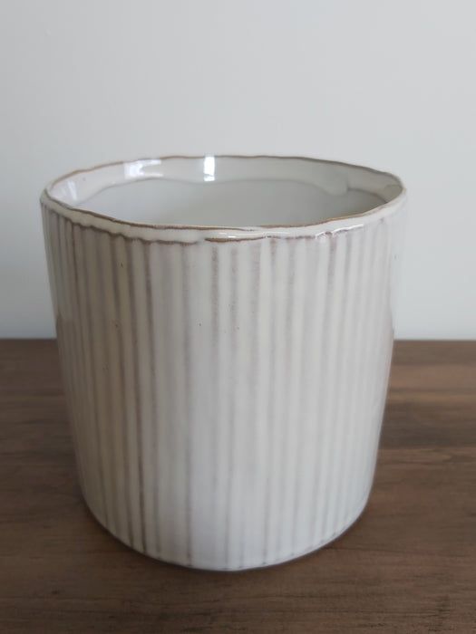 Ivory White Ribbed Glazed Plant Pot - 13 cm