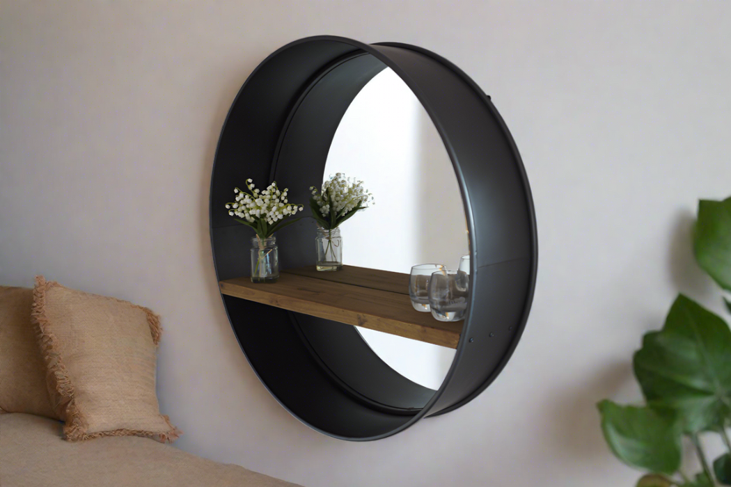 Industrial Metal Wall Mirror, Wooden Shelf, Black Frame
