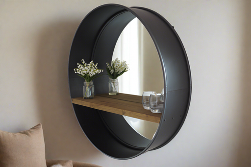 Industrial Metal Wall Mirror, Wooden Shelf, Black Frame