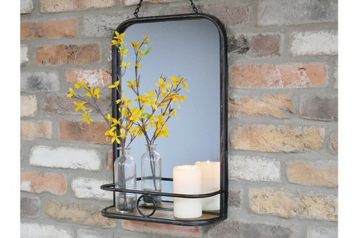 Metal Shelf Wall Mirror, Small Rectangular Frame, Distressed Black 